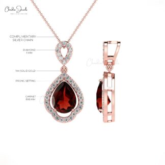 Art Deco Tear Drop Pendant In 14k Real Gold Garnet And Pave Diamond Unique Fine Jewelry