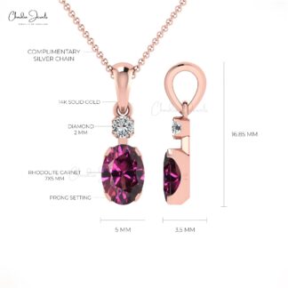 Solid 14k Gold 2 Stone Charm In 7x5mm Rhodolite Garnet Diamond Minimalist Pendant