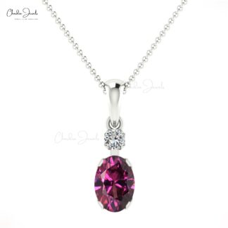 Solid 14k Gold 2 Stone Charm In 7x5mm Rhodolite Garnet Diamond Minimalist Pendant