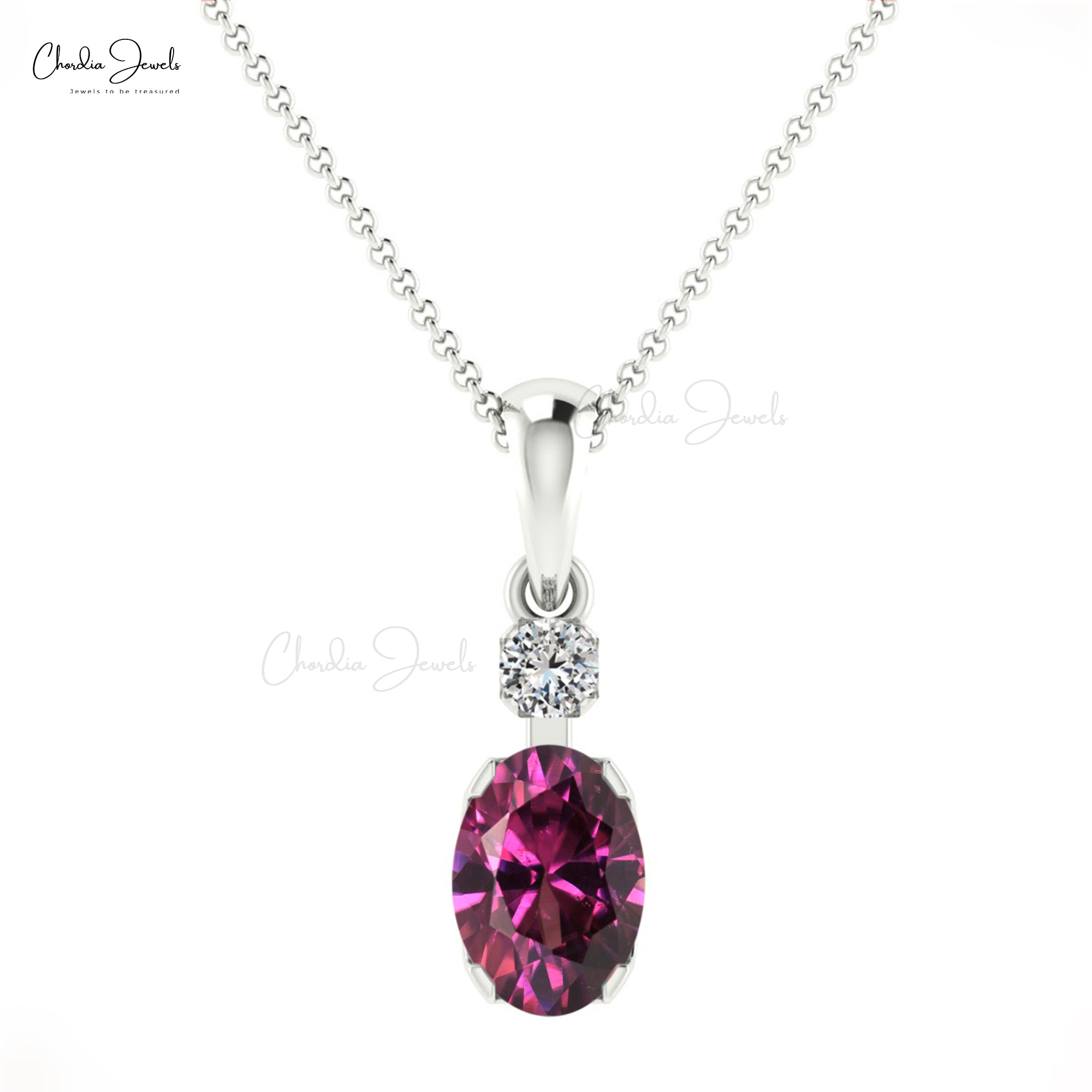 Solid 14k Gold 2 Stone Charm In 7x5mm Rhodolite Garnet Diamond Minimalist Pendant