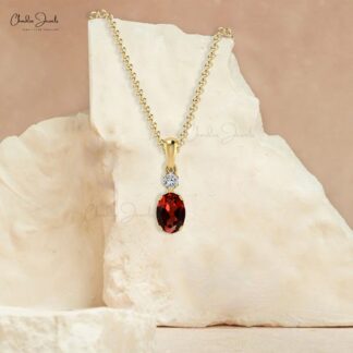 Dangle Gemstone Charm in 14k Real Gold Red Garnet Gemstone And Diamond Pendant