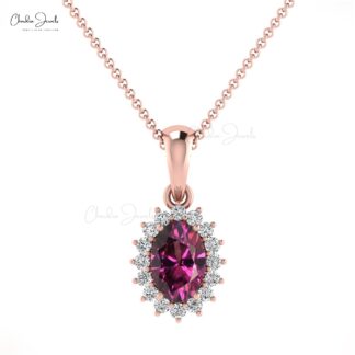 Oval Cut Dangle Pendant In 14k Solid Gold Rhodolite Garnet And Diamond Halo Pendant