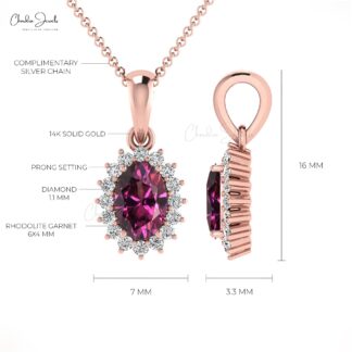 Oval Cut Dangle Pendant In 14k Solid Gold Rhodolite Garnet And Diamond Halo Pendant