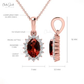 Solid 14k Gold Dangle Pendant in 6x4mm Oval Mozambique Garnet And Diamond Halo Pendant