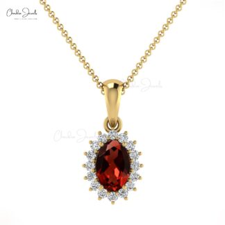 Solid 14k Gold Dangle Pendant in 6x4mm Oval Mozambique Garnet And Diamond Halo Pendant