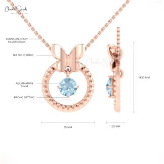 Brilliant Cut Dangle Pendant In Pure 14k Gold Aquamarine 5mm Gemstone Milgrain Necklace