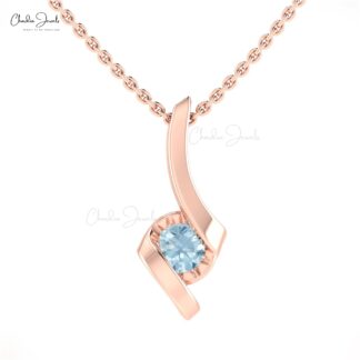 Round Aquamarine Twisted Pendant In 14k Solid Gold March Birthstone Solitaire Jewelry