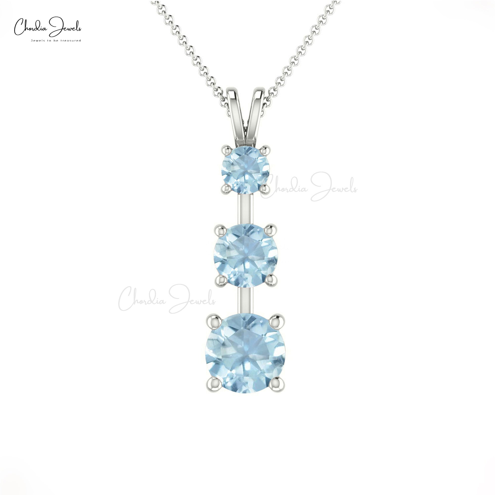 Authentic Brazilian Aquamarine Three Stone Pendant Necklace in 14k Solid Gold