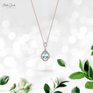 Pear Cut Art Deco Pendant In 14k Pure Gold Aquamarine Diamond Wedding Pendant For Her