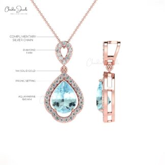 Pear Cut Art Deco Pendant In 14k Pure Gold Aquamarine Diamond Wedding Pendant For Her