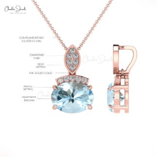 Natural Aquamarine Dainty Pendant In 14k Solid Gold Gemstone And Diamond Fine Jewelry