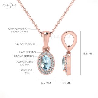 Genuine 14K Gold Oval Aquamarine & Diamond Halo Pendant