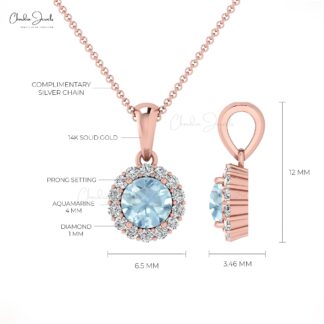 Real 14k Gold Halo Pendant With 4mm Aquamarine Round Cut And Diamond Hallmark Necklace