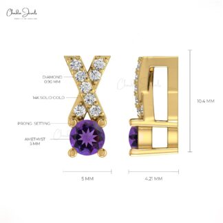 Natural Amethyst 0.42 Ct Gemstone Pendant In 14k Real Gold G-H Diamond Cross Necklace