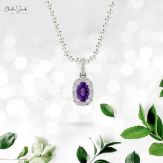 Dangle Oval Pendant In 14k Solid Gold Amethyst And Pave Diamond Halo Necklace