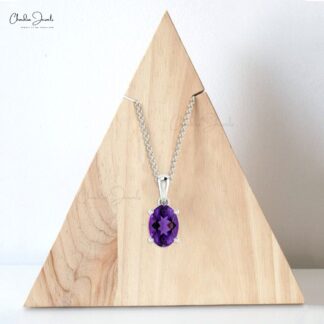 Single Stone Solitaire Charm With 7x5mm Amethyst 14k Real Gold Dangle Women Pendant