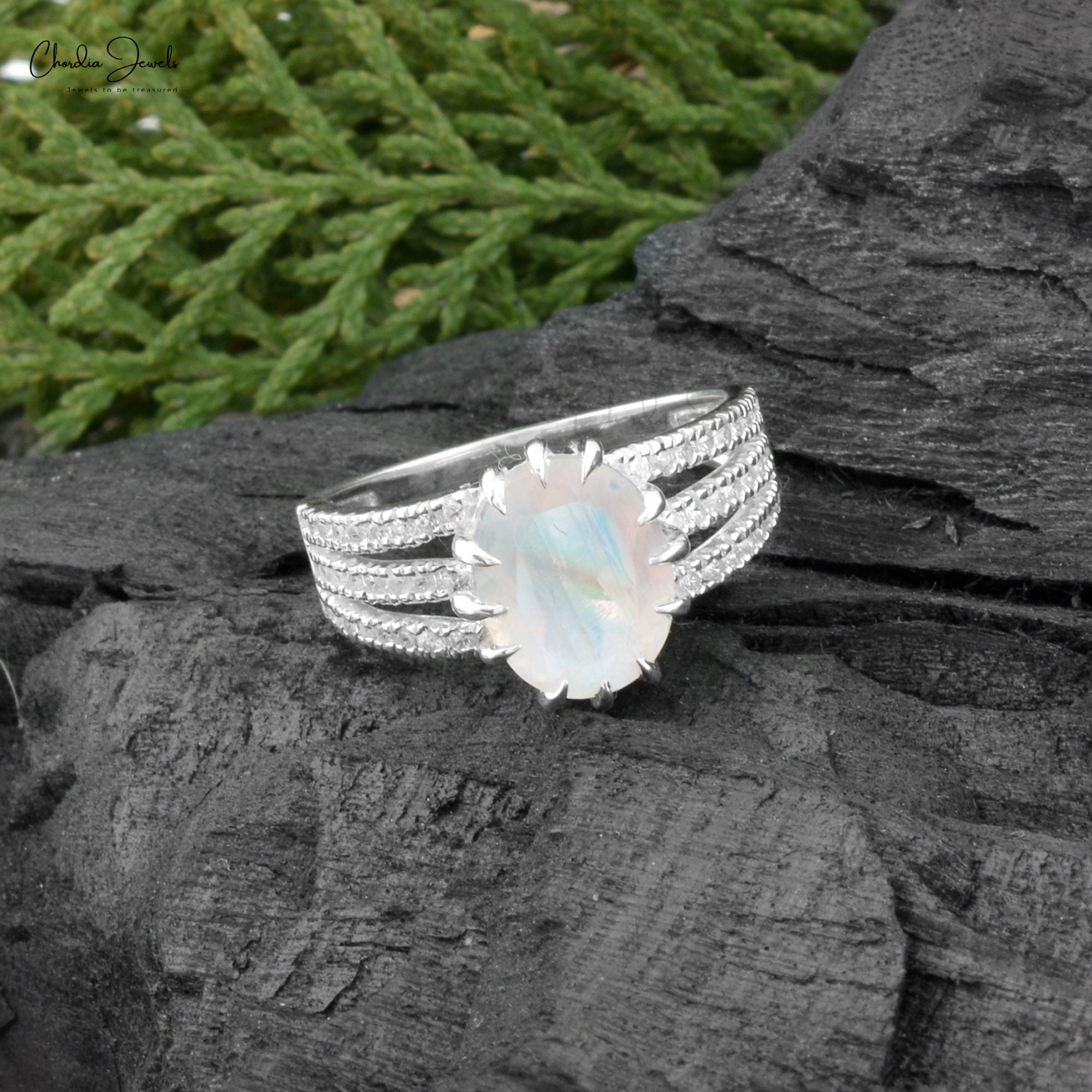 Oval Rainbow Moonstone Halo Ring With Zircon 925 Sterling Silver Split Shank Rings