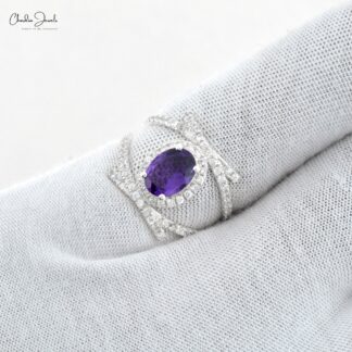 Elegant Natural Amethyst Halo Ring with Double Shank Design