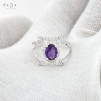 8x6MM Oval Cut Natural Amethyst Halo Ring in Sterling Silver