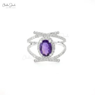 High Quality Natural Amethyst Halo Ring Double Shank 925 Silver Ring