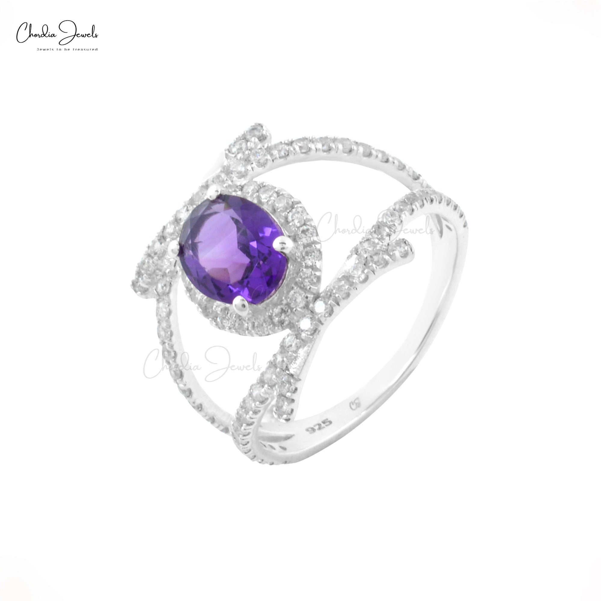 Natural Amethyst Halo Ring in 925 Sterling Silver with Oval Cut Gemstone