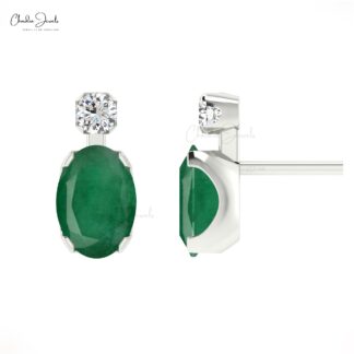 Two Gemstone Stud Earring In 14k Real Gold Oval Emerald And Diamond Push Back earrings