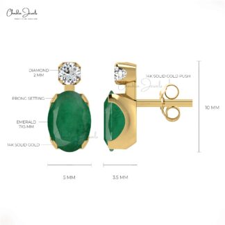 Two Gemstone Stud Earring In 14k Real Gold Oval Emerald And Diamond Push Back earrings