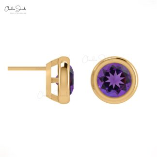 February Birthstone 5mm Round Brilliant Cut Solitaire Studs, 0.84 Ct February Birthstone Stud Earrings, 14k Solid Gold Bezel Set Gemstone Minimalist Jewelry For Gift