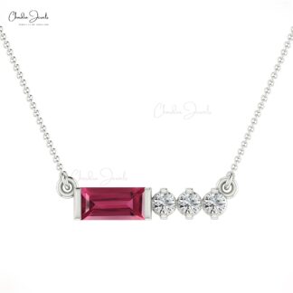 Baguette Pink Tourmaline Necklace In Real 14k Gold And Diamond Minimal Jewelry For Her