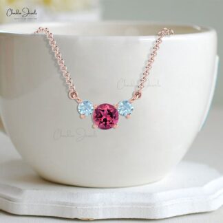 Round Pink Tourmaline & Aquamarine Necklace With 0.69 Ct Gemstone 14k Real Gold Jewelry