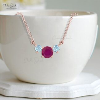 Lavaliere Women Necklace With 5mm Ruby And Aquamarine Prong Set In 14k Real Gold Necklace