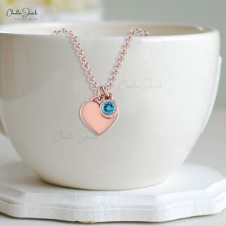 Round Cut Bezel Set Chain Necklace in 14k Solid Gold Swiss Blue Topaz Fine Jewelry