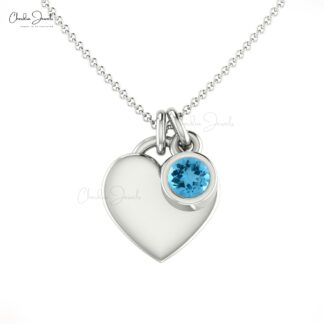 Round Cut Bezel Set Chain Necklace in 14k Solid Gold Swiss Blue Topaz Fine Jewelry