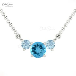 Solid 14k Gold Three Stone Necklace Genuine Swiss Blue Topaz & Aquamarine Prong Set Necklace