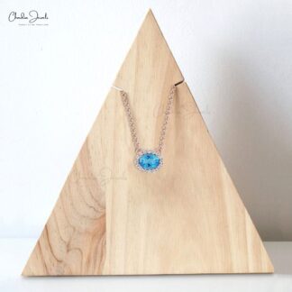 7X5MM Swiss Blue Topaz Diamond Halo Necklace for Women