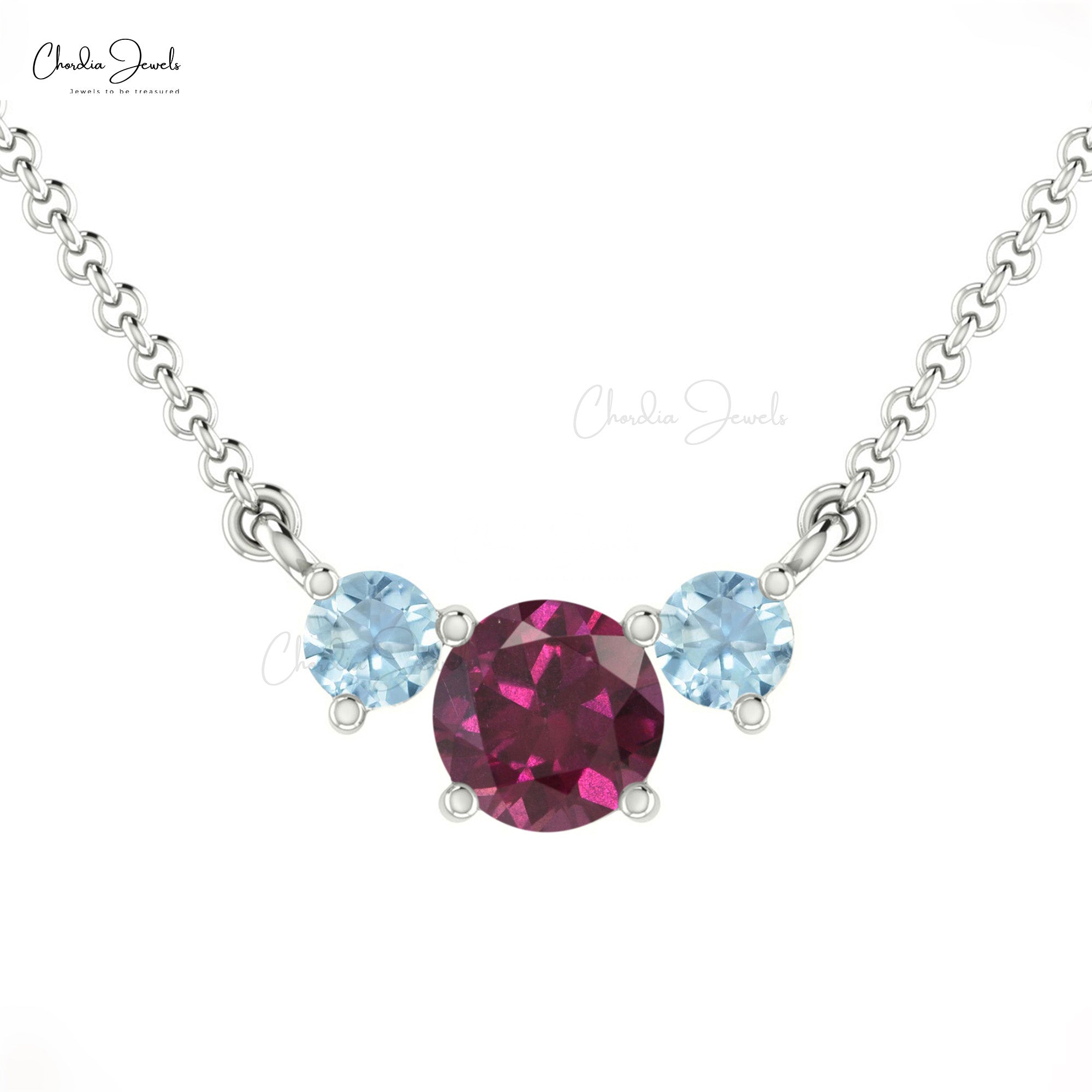 Trilogy Unique Necklace With 5mm Rhodolite Garnet And Aquamarine 14k Real Gold Necklaces