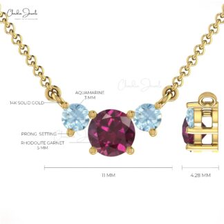 Trilogy Unique Necklace With 5mm Rhodolite Garnet And Aquamarine 14k Real Gold Necklaces