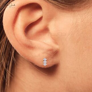 Round Cut 3 Stone Studs With 1.6mm G-H Diamond Prong Set 14k White Gold Earrings For Her