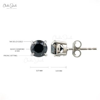 Solid 14k White Gold Solitaire Studs With 6mm Black Diamond Push Back Handmade Earrings
