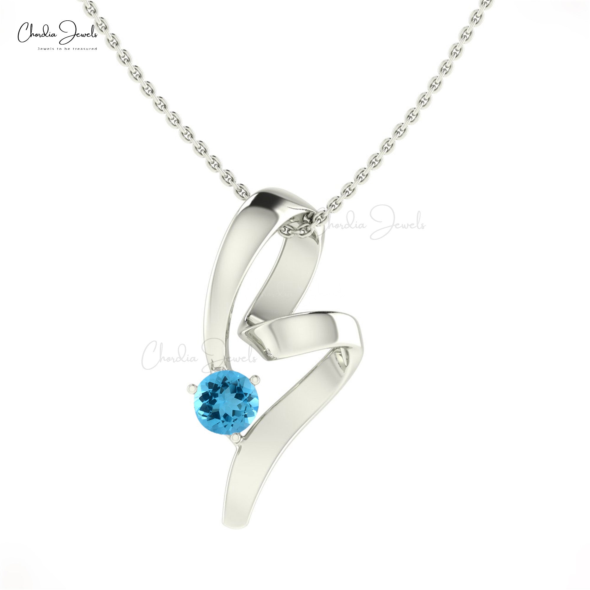 Round Cut Solitaire Swiss Blue Topaz 14k Gold Twisted Pendant
