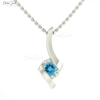 Round Single Stone Pendant With 4mm Swiss Blue Topaz Twisted Necklace In 14k Solid Gold
