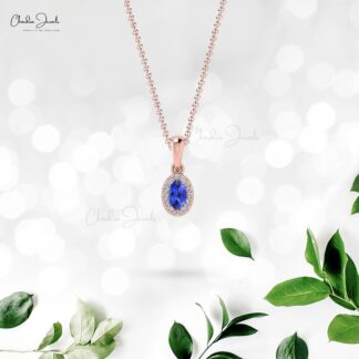 Real 14k Gold Dangle Pendant In 0.24 Ct Tanzanite And Halo Diamond Necklace For Her