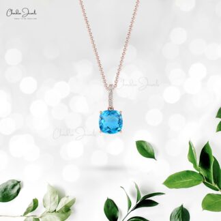 Dangle Dual Birthstone Charm In 14k Real Gold Swiss Blue Topaz And Diamond Pendant