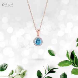 Brilliant Cut Dangle Charm With 4mm Swiss Blue Topaz And Diamond Halo 14k Gold Pendant