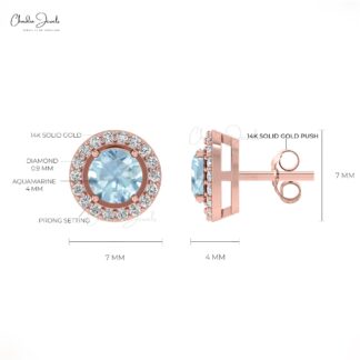 Minimalist Aquamarine & Round Diamond Halo Earrings in 14K Solid Gold
