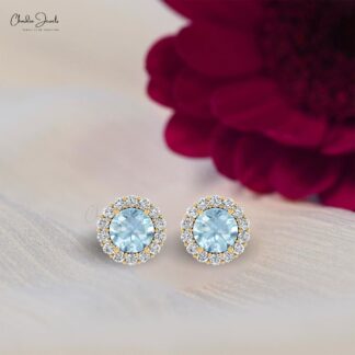 Real 14k Gold Brilliant Cut Diamond Halo Earring With Aquamarine March Birthstone Studs