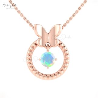 14k Solid Gold Round Opal Butterfly Design Milgrain Pendant