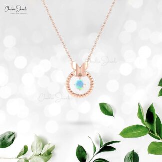 14k Solid Gold Round Opal Butterfly Design Milgrain Pendant