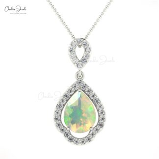 Genuine Opal Dangle Pendant With Pave Diamond Accents In 14k Real Gold Art Deco Jewelry