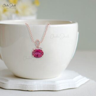 Dainty Diamond Pendant With 1.35 Ct Pink Tourmaline Prong Set In 14k Solid Gold Necklace